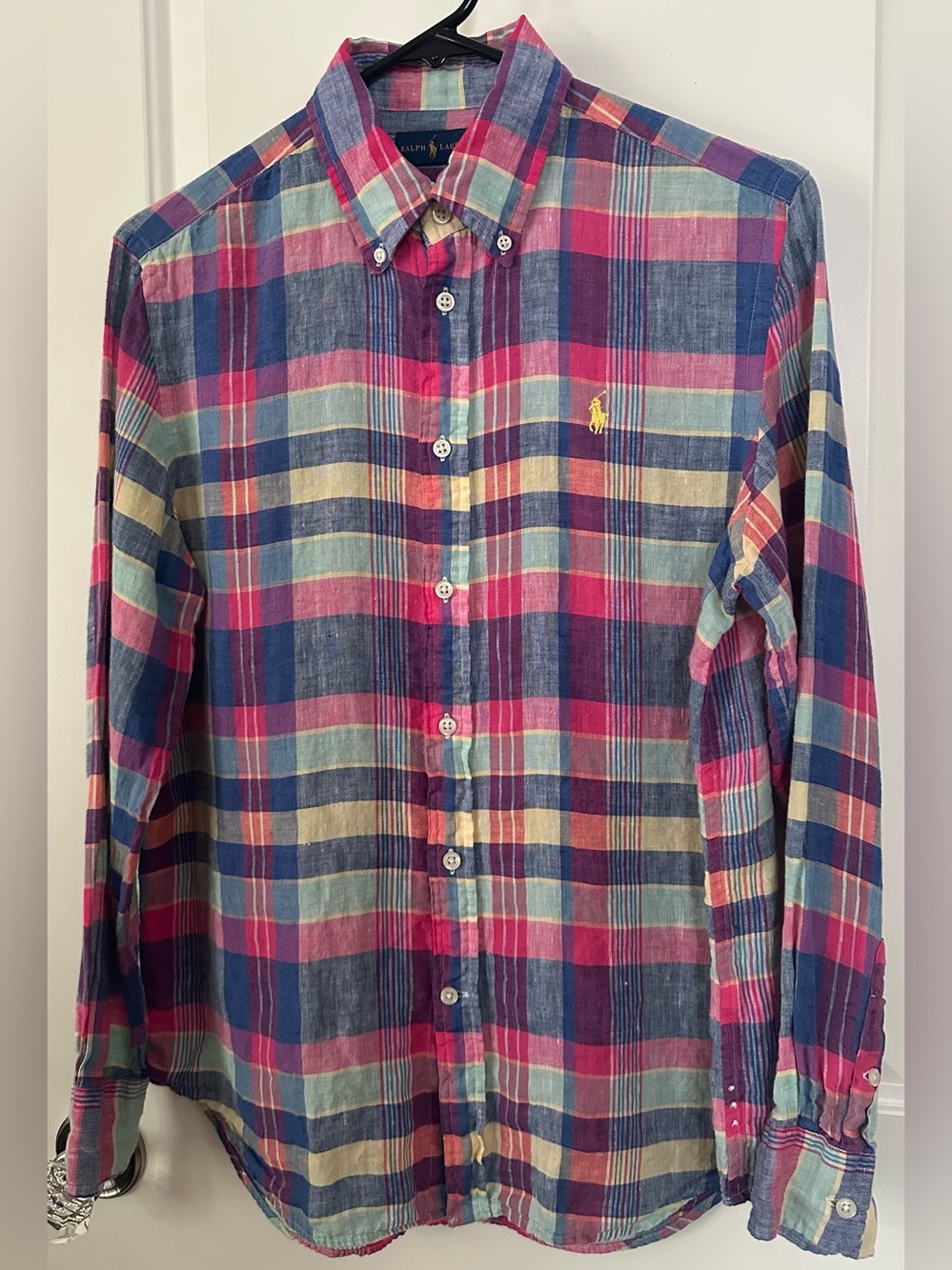 Ralph Lauren 100% Linen Plaid Button Down Shirt Women’s Medium M Pink